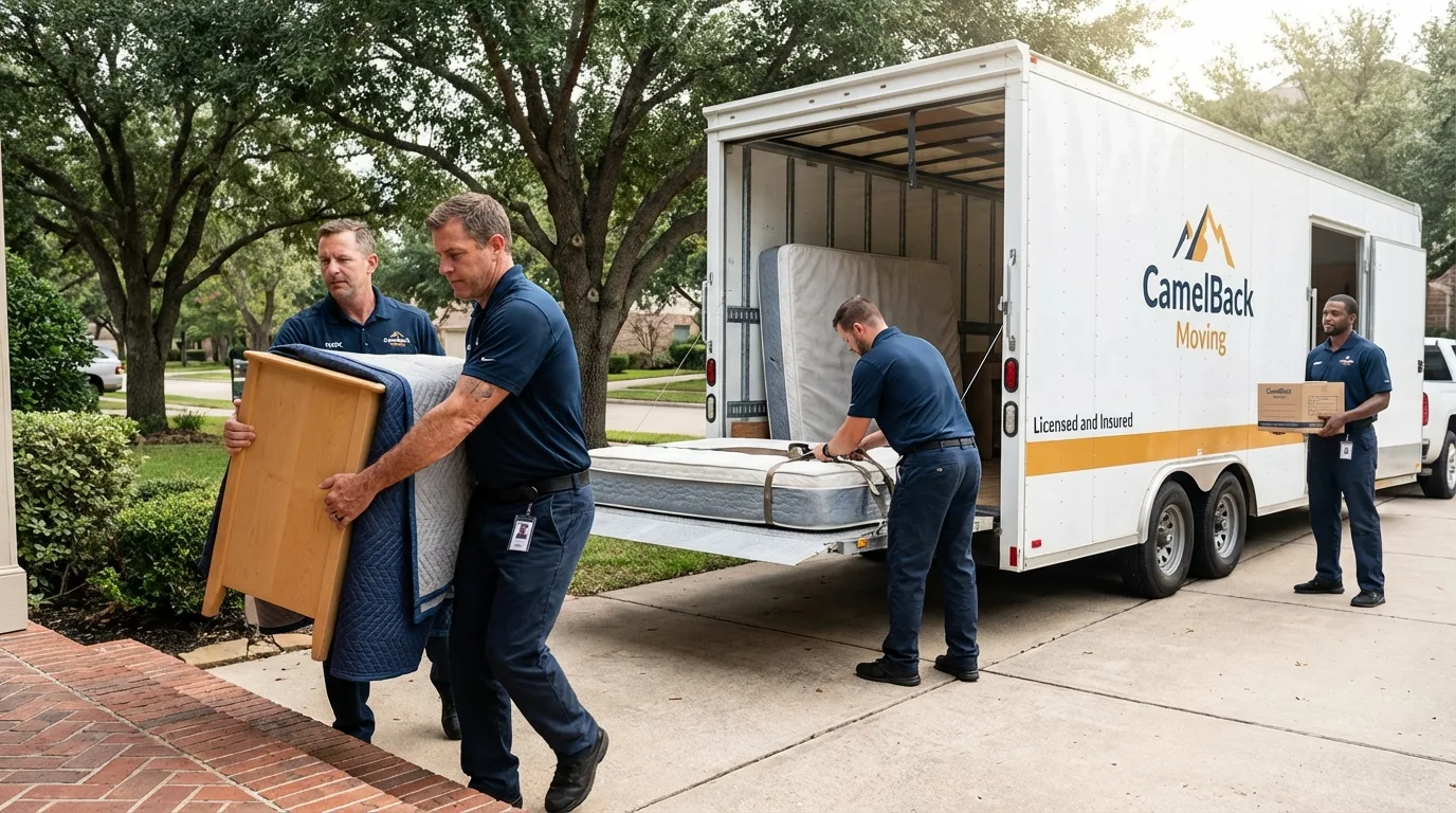 Crew loading residential truck for cross-state move from La Harpe, IL