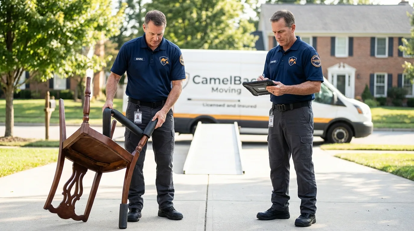 Movers inspecting furniture for damage prevention before loading in La Harpe, IL